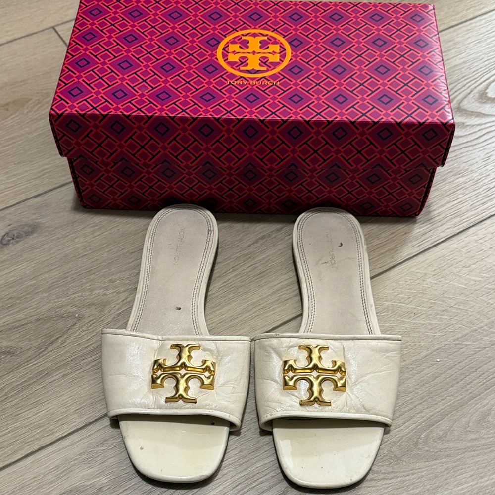 Tory Burch Ivory Slides with Gold Emblem